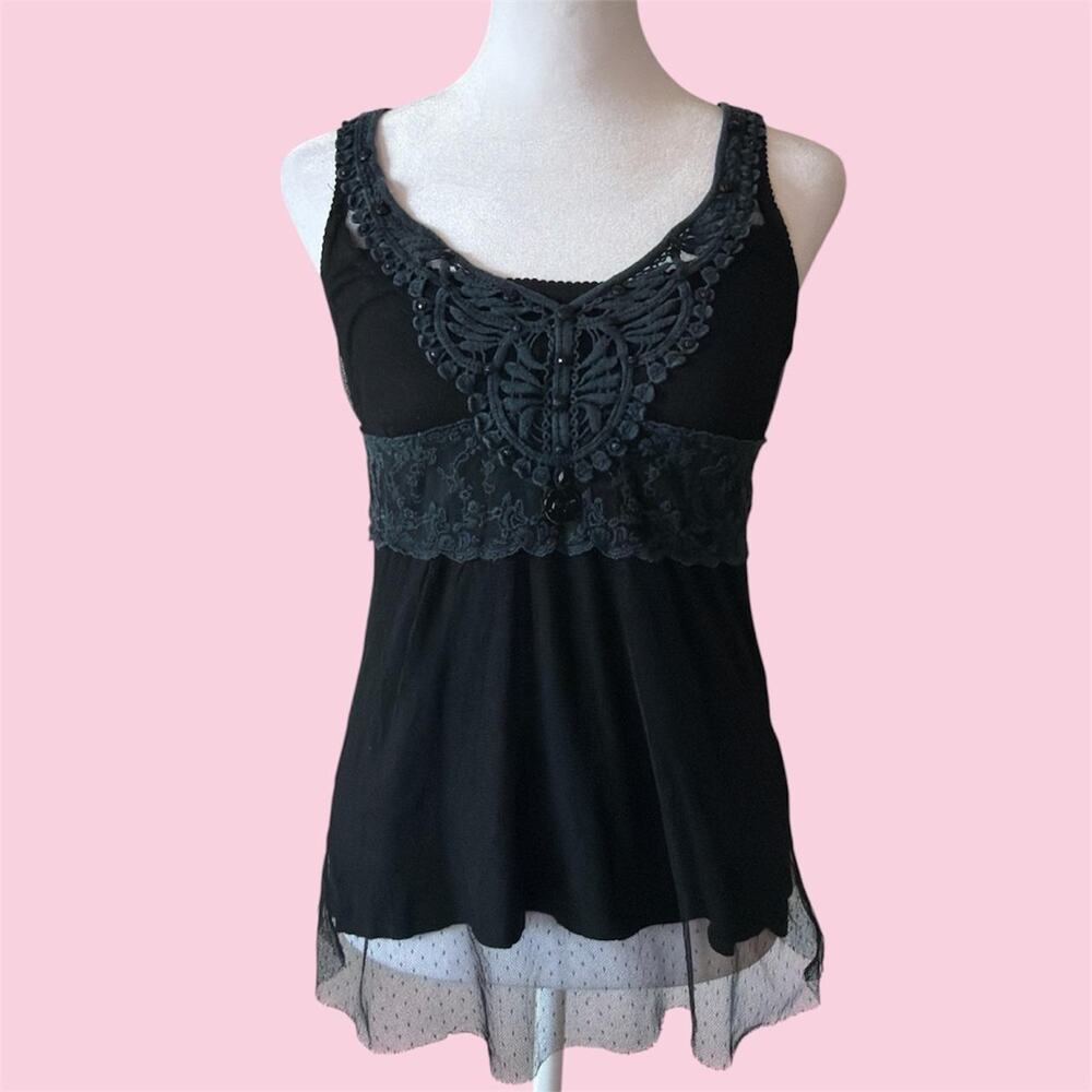 Euro Liu Jo black lace tank top with floral embroidery and sheer mesh overlay